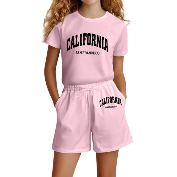 OOOUM Kids Letter Print Outfit, Crew Neck Short Sleeve T Shirt Drawstring Pocket Shorts Two Piece Set, Summer Casual Clothes Set Pink 11-12 Years