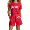 thumbnail image 1 of OOOUM Kids Letter Print Outfit Crew Neck Short Sleeve T Shirt Drawstring Pocket Shorts Two Piece Set Summer Casual Clothes Set Red 9-10 Years, 1 of 4