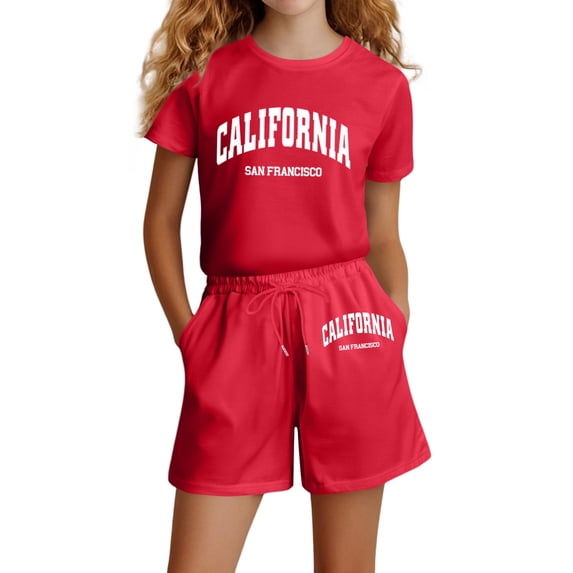 OOOUM Kids Letter Print Outfit Crew Neck Short Sleeve T Shirt Drawstring Pocket Shorts Two Piece Set Summer Casual Clothes Set Red 9-10 Years