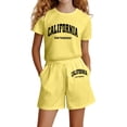 thumbnail image 1 of OOOUM Kids Letter Print Outfit Crew Neck Short Sleeve T Shirt Drawstring Pocket Shorts Two Piece Set Summer Casual Clothes Set Yellow 120, 1 of 4