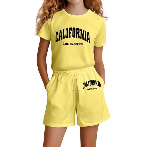 OOOUM Kids Letter Print Outfit Crew Neck Short Sleeve T Shirt Drawstring Pocket Shorts Two Piece Set Summer Casual Clothes Set Yellow 120