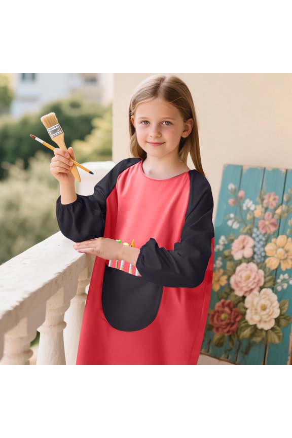 Kids Long Sleeve Art Smock Waterproof Painting Apron Raglan Sleeve Large Front Pocket Children Craft Drawing Coat Red 2-4 Years
