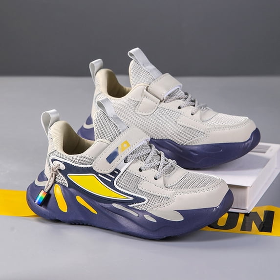 OOOUM Kids Mesh Sneakers Breathable Hook And Loop Walking Shoes Children Lightweight Casual Outdoor Youth Athletic Shoes Grey US:4/12-12.5 Years