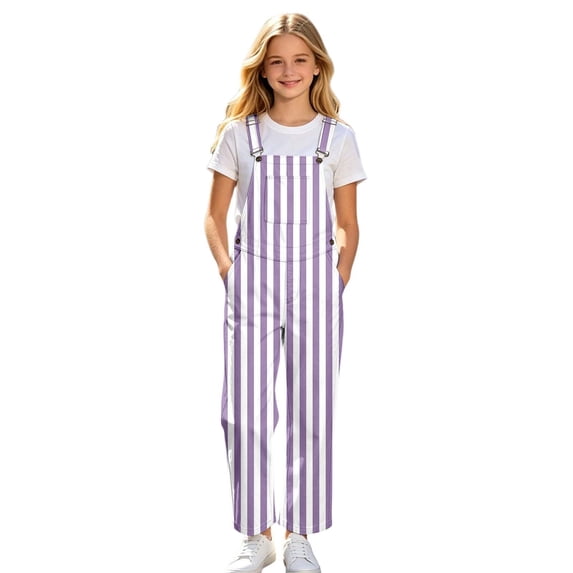 OOOUM Kids Overalls Striped Print Adjustable Straps Button Closure Straight Leg Loose Fit Casual Long Jumpsuit Pants,5-6 Years