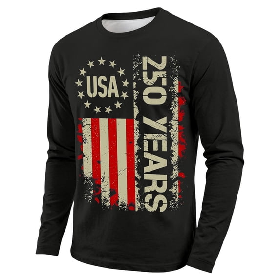 OOOUM Kids Patriotic Long Sleeve T-Shirt Usa Flag Vintage Graphic Crewneck Shirt 250Th Anniversary Holiday Casual Tops Black 11-12 Years