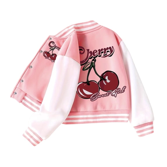 OOOUM Kids Pink Print Varsity Bomber Jacket Striped Collar Button Down Baseball Jacket Streetwear Lightweight Jacket Pink 4-5 Years