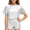 thumbnail image 1 of OOOUM Kids Sequin Shorts High Waist Sparkly Glitter Straight Leg Pants Shorts Children Party Bottoms Silver 15-16 Years, 1 of 3