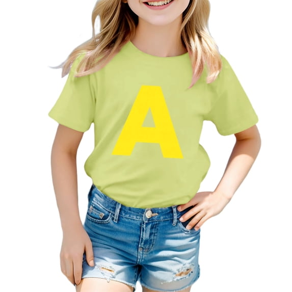 OOOUM Kids Short Sleeve Tee Shirts Cotton Letter Graphic Crewneck Summer Shirts Kids Comfort Trendy Moisture Wicking Clothing Tshirt Light Yellow 8-9 Years