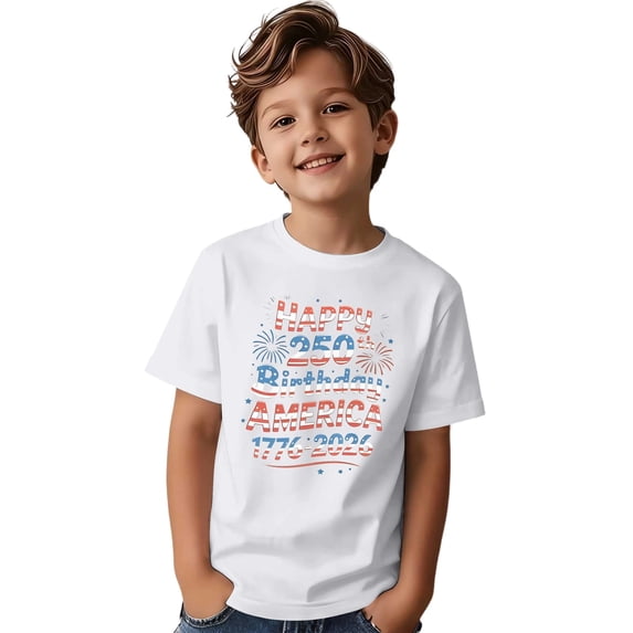 OOOUM Kids Short Sleeve Tees 250Th Anniversary Graphic Crewneck Summer Tops Children Cozy Lightweight Clothes White 3-4 Years