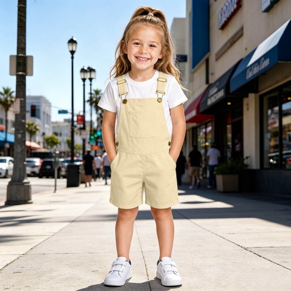 OOOUM Kids Shorts Overalls Solid Color Shorts Denim Jumpsuit With Pocket Adjustable Straps Casual Fit Summer Vacation Short Rompers Beige 12-13 Years