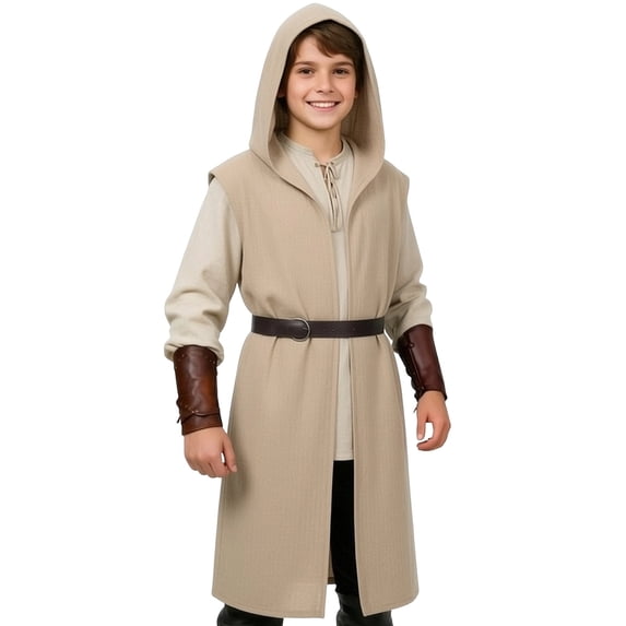 OOOUM Kids Sleeveless Hooded Long Open Front Robe Lightweight Woven Mid-Length Cloak Layering Outerwear Stage Beach Cover Up Khaki 5-6 Years