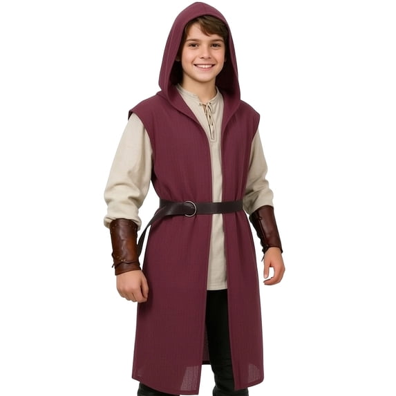 OOOUM Kids Sleeveless Hooded Long Open Front Robe Lightweight Woven Mid-Length Cloak Layering Outerwear Stage Beach Cover Up Wine 11-12 Years