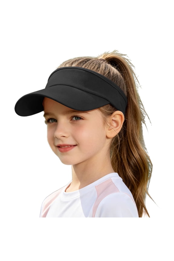 Kids Solid Color Sun Visor Hat Hollow Top Ponytail Wide Curved Brim Sport Cap Breathable Uv Protection Visor Black One Size