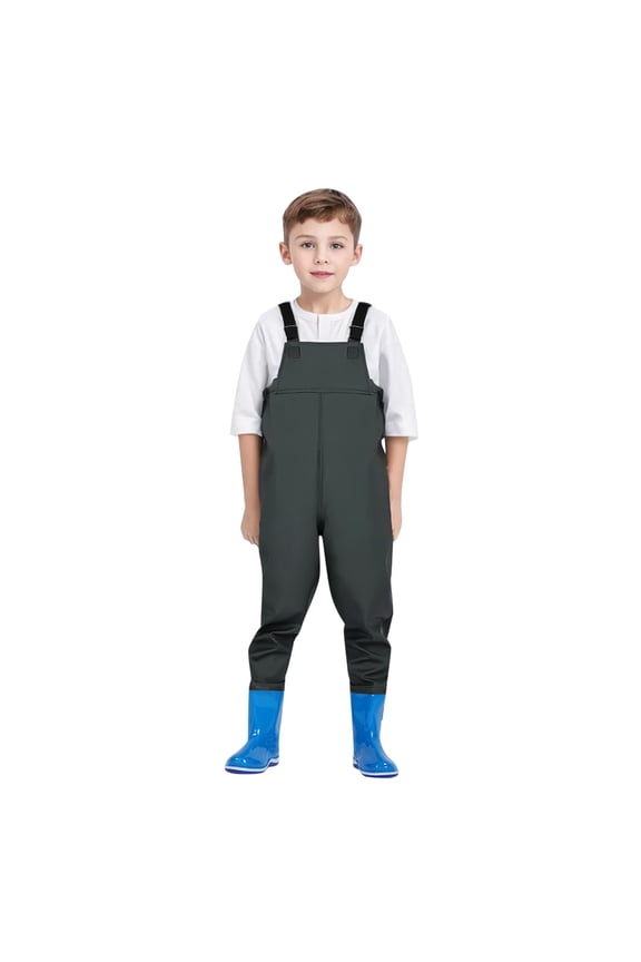 Kids Solid Waterproof Suspender Integrated Rubber Boot Mud Play Overalls Adjustable Buckle Strap Outdoor Jumpsuit Lightweight Smooth Outfits Army Green 2-3 Years