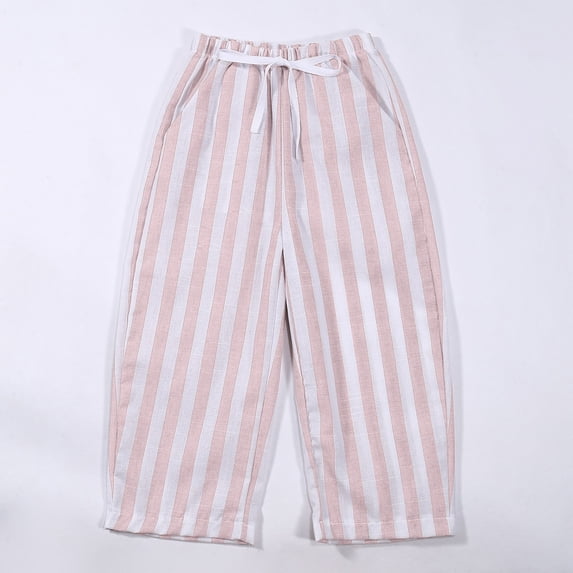 OOOUM Kids Striped Pants Drawstring Waist Loose Lounge Trousers With Pocket Soft Stretch Comfy Casual Trousers Pink 5-6 Years