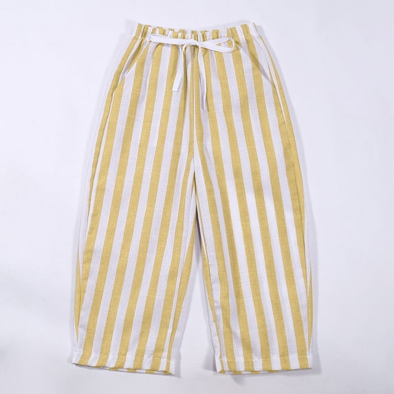 OOOUM Kids Striped Pants Drawstring Waist Loose Lounge Trousers With Pocket Soft Stretch Comfy Casual Trousers Yellow 4-5 Years