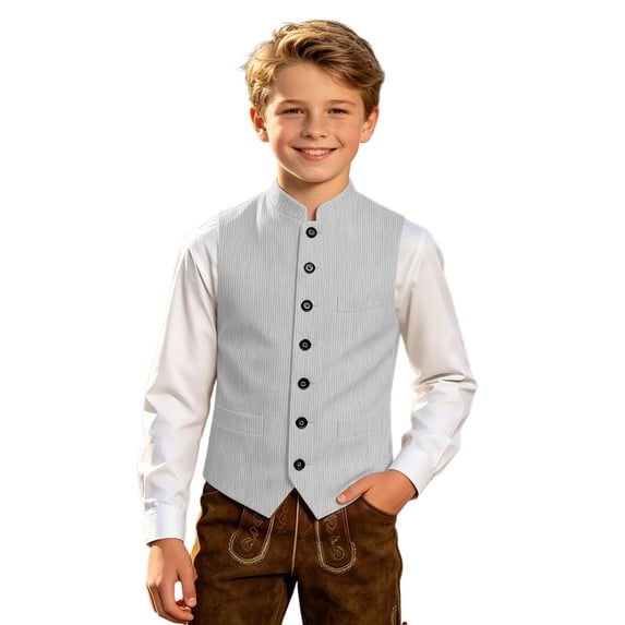 OOOUM Kids Vest Corduroy Stand Collar Button Down Tailored Pockets Waistcoat Formal School Festival Gentleman Jacket,6-7 Years