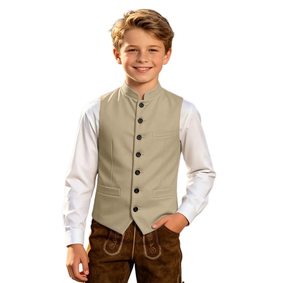 OOOUM Kids Vest Stand Collar Button Down Tailored Pockets Waistcoat Formal Festival School Gentleman Jacket,9-10 Years