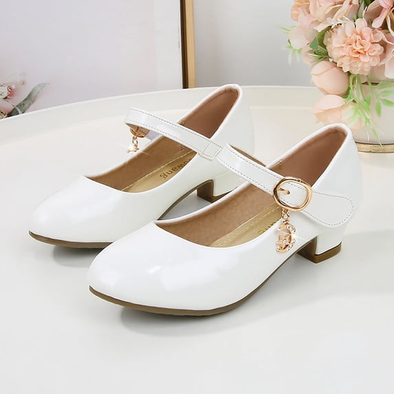 OOOUM Leather Girls Mary Jane Heels Buckle Strap Low Heel Toddler Performance Shoes Round Toe Formal Elegant Kids Party Dress Shoes White US:4/12-12.5 Years