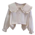 thumbnail image 1 of OOOUM Little Girls Long Sleeve Shirt Relaxed Fit Ruffle Solid Color Button Down Shirt Modest Fashionable Casual Collared Tops Beige1 5-6 Years, 1 of 3