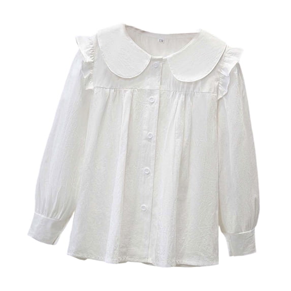 OOOUM Little Girls Long Sleeve Shirt Relaxed Fit Ruffle Solid Color Button Down Shirt Modest Fashionable Casual Collared Tops Clear2 5-6 Years