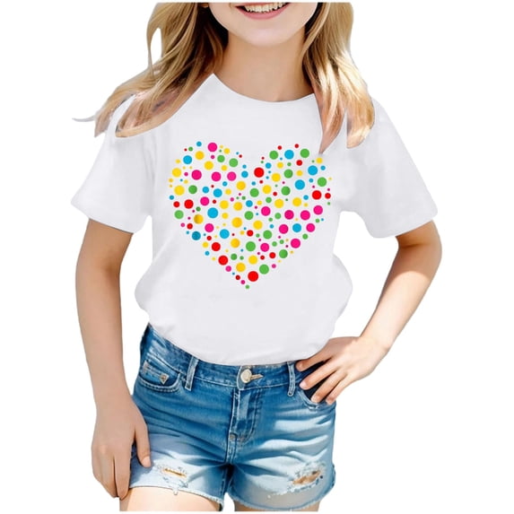OOOUM Little Girls Short Sleeve Tee Shirts Modern Fit Crewneck Polka Dot Print Classic Tees Trendy Lightweight Summer Tops White 5-6 Years