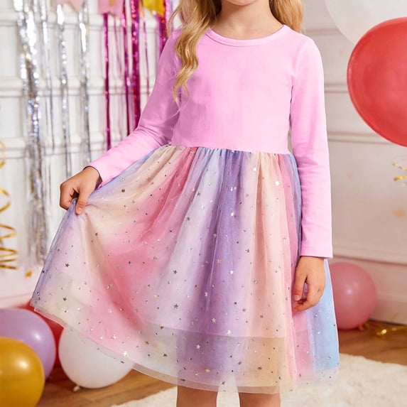 OOOUM Long Sleeve Tulle Dresses For Girls Cotton Skater Twirl Flowy Dress Trendy Versatile Casual Summer Outfits Pink 2-3 Years