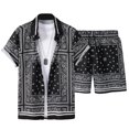 thumbnail image 1 of OOOUM Men All Over Print Outfits Lapel Short Sleeve Button Shirt Drawstring Elastic Waist Shorts Summer Beach Vacation Casual Outfit Black S, 1 of 3