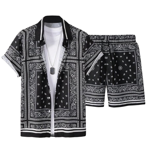 OOOUM Men All Over Print Outfits Lapel Short Sleeve Button Shirt Drawstring Elastic Waist Shorts Summer Beach Vacation Casual Outfit Black S