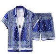 thumbnail image 1 of OOOUM Men All Over Print Outfits Lapel Short Sleeve Button Shirt Drawstring Elastic Waist Shorts Summer Beach Vacation Casual Outfit Blue M, 1 of 5