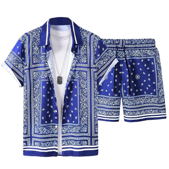 OOOUM Men All Over Print Outfits Lapel Short Sleeve Button Shirt Drawstring Elastic Waist Shorts Summer Beach Vacation Casual Outfit Blue M