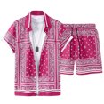 thumbnail image 1 of OOOUM Men All Over Print Outfits Lapel Short Sleeve Button Shirt Drawstring Elastic Waist Shorts Summer Beach Vacation Casual Outfit Red L, 1 of 5