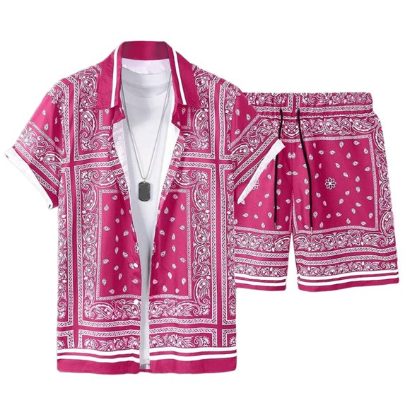 OOOUM Men All Over Print Outfits Lapel Short Sleeve Button Shirt Drawstring Elastic Waist Shorts Summer Beach Vacation Casual Outfit Red L