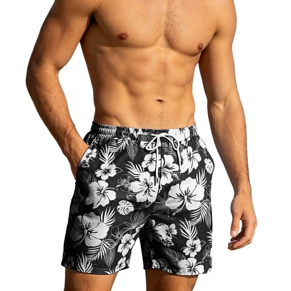 OOOUM Men Floral Print Swim Trunks Elastic Drawstring Side Pockets Loose Board Shorts Quick Dry Summer Vacation Casual Shorts Black XXL