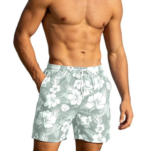 OOOUM Men Floral Print Swim Trunks Elastic Drawstring Side Pockets Loose Board Shorts Quick Dry Summer Vacation Casual Shorts Mint Green M