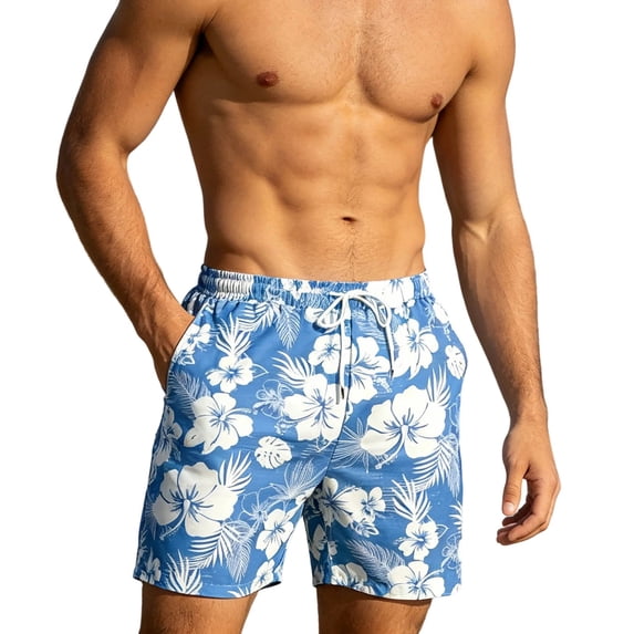 OOOUM Men Floral Print Swim Trunks Elastic Drawstring Side Pockets Loose Board Shorts Quick Dry Summer Vacation Casual Shorts Sky Blue XXXXXL