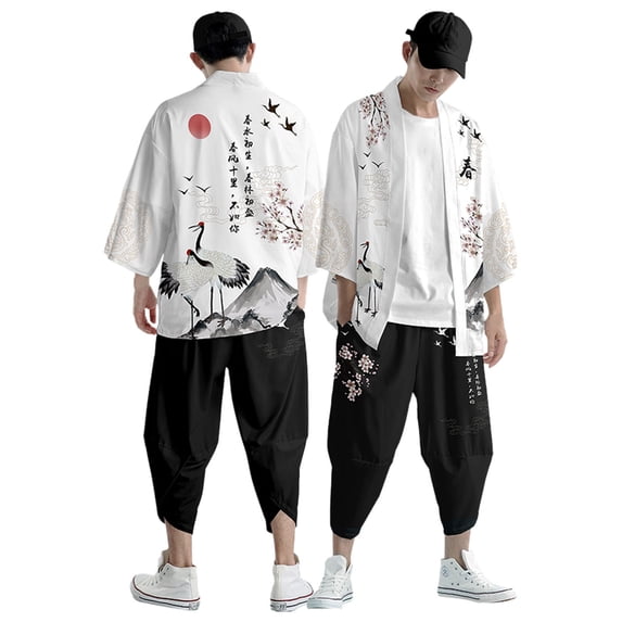 OOOUM Men Japanese Style 2 Piece Outfit Open Front Kimono Cardigan Drawstring Harem Pants Casual Street Festival Set Light Gray XS