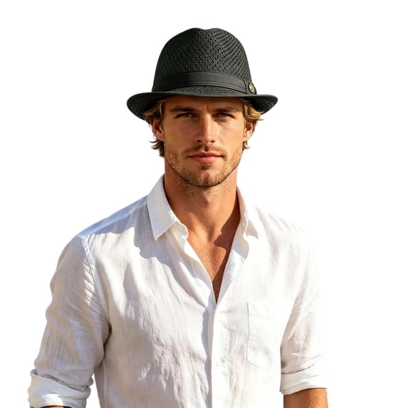 OOOUM Men Mesh Fedora Hat Solid Band Decor Breathable Straw Hat Lightweight Travel Beach Vacation Sun Hat Green