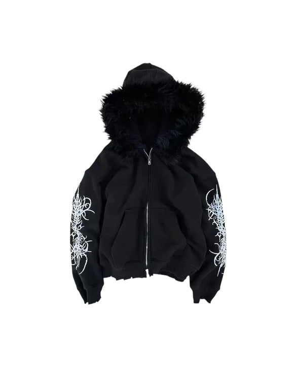 Men'S Faux Fur Zip Up Hoodie Y2K Thorn Graphic Print Sweatshirt Jacket Fluffy Streetwear Hooded Coat,XL
