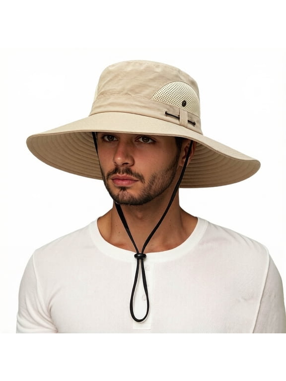 Men Ultra Wide Brim Outdoor Sun Hat Mesh Breathable Side Panel Adjustable Chin Strap Foldable Fishing Hiking Safari Bucket Hat Khaki