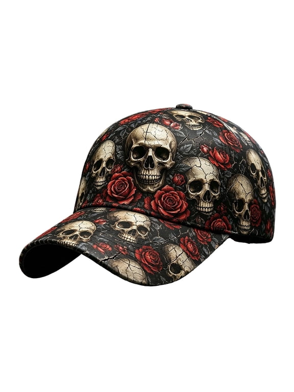 Men Women Halloween Baseball Hat Skull Flower Print Adjustable Vintage Sun Hat Hop Streetwear Sports Casual Dad Hat Red