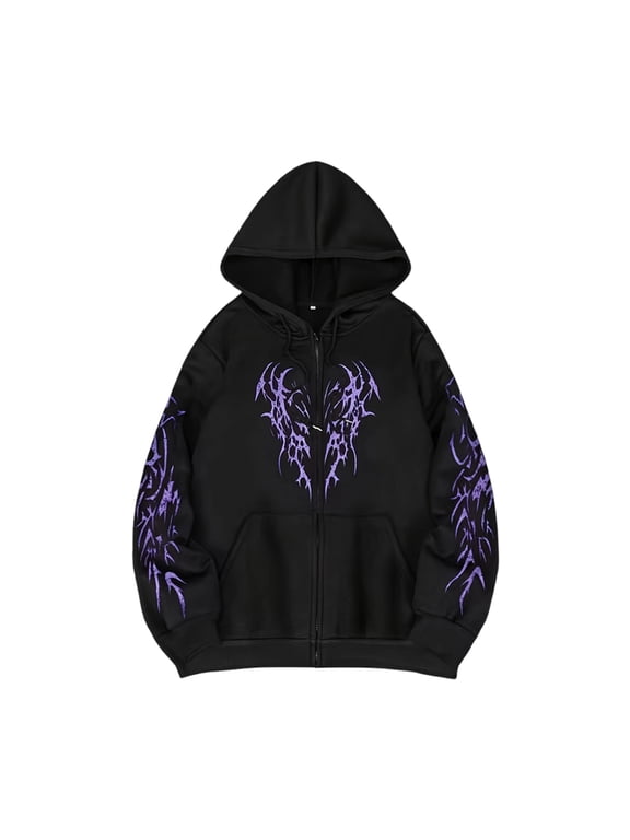Men's Graphic Zip Up Hoodie Y2K Goth Flame Print Sweatshirt Long Sleeve Drawstring Hooded Jacket with Pockets Casual Streetwear Top,S