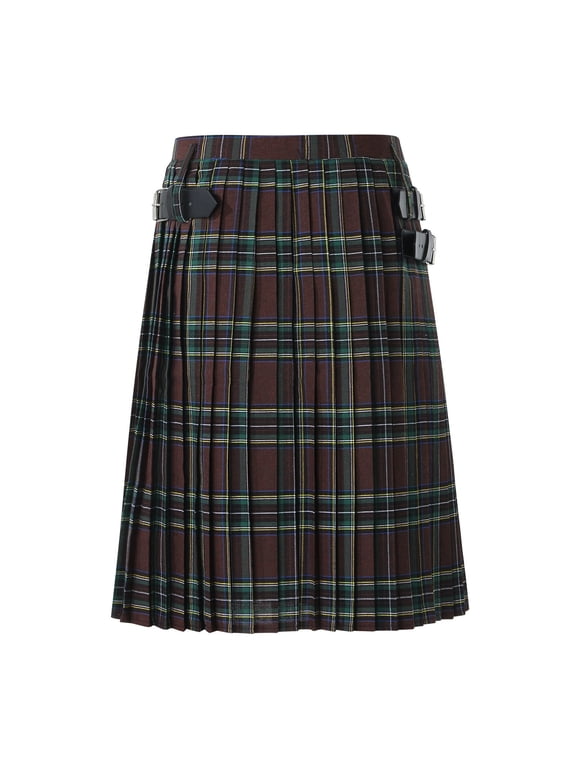 Mens Kilt Scottish Retro Plaid Pleated Skirt Adjustable Buckle Belt Themed Party Stage Performance Bottoms,M