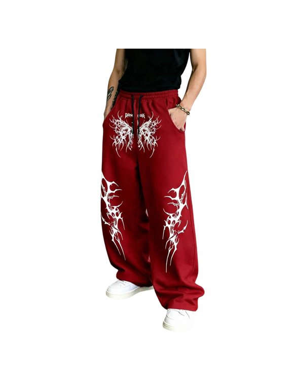 Mens Sweatpants Gothic Graphic Print Drawstring Waist Baggy Wide Leg Pants Loose Fit Casual Streetwear Trousers With Pockets,S