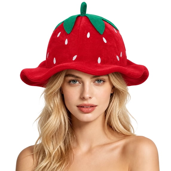 OOOUM Plush Funny Hat For Adults Fruits Shape Scalloped Brim Party Hat Holiday Gathering Festive Plush Hat Red
