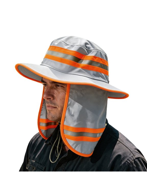 Reflective Stripe Neck Flap Bucket Hat High Visibility Construction Work Sun Hat Outdoor Sun Protection Neck Flap Hat Grey