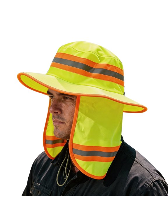 Reflective Stripe Neck Flap Bucket Hat High Visibility Construction Work Sun Hat Outdoor Sun Protection Neck Flap Hat Yellow