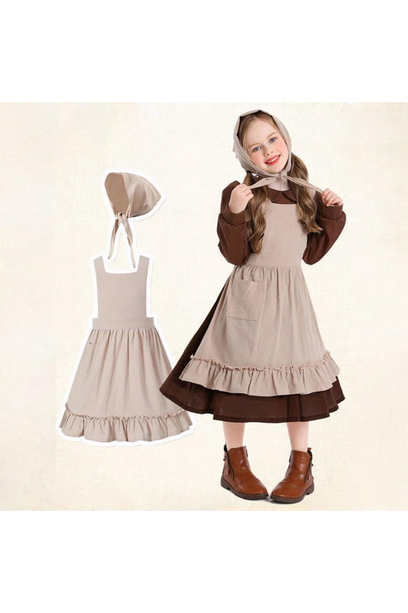 Rural Farm Cosplay Dress Set For Children Long Sleeve Dress & Apron With Headwear Outfits Sets Beer Festival Stage Play Clothes Coffee XL