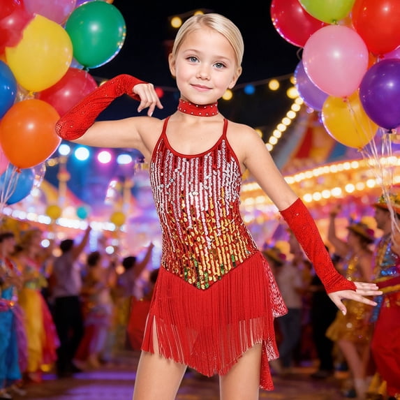 OOOUM Shine Girls Performance Party Dress Sequin Appliques Tassel Dance Dresses Kids Stage Performance Outfits Sets Red 10-11 Years