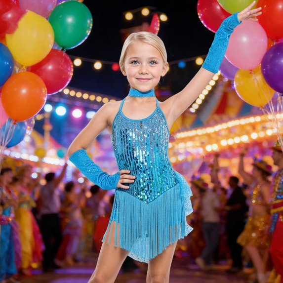 OOOUM Shine Girls Performance Party Dress Sequin Appliques Tassel Dance Dresses Kids Stage Performance Outfits Sets Sky Blue 4-5 Years